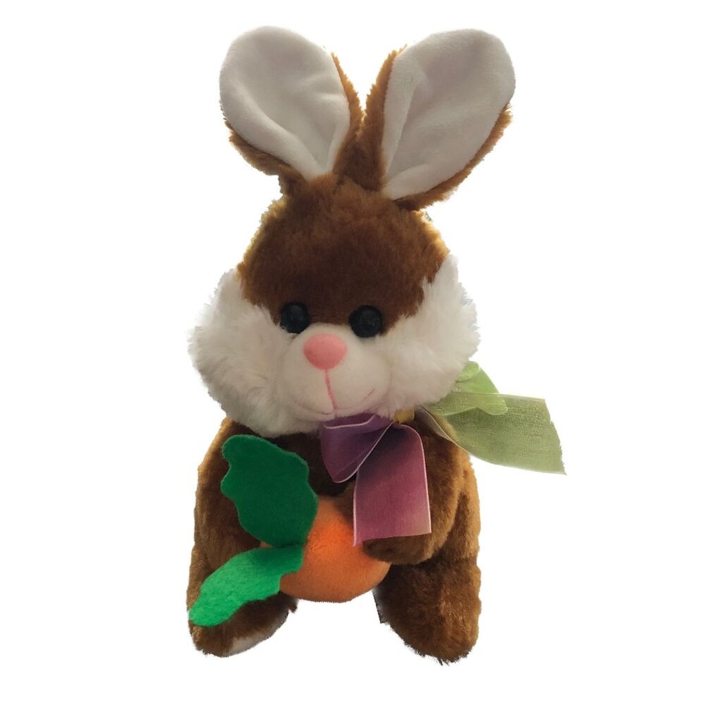 Hug & Luv Bunny Rabbit Plush Brown White Multicolor Ribbon Bow Stuffed 11"